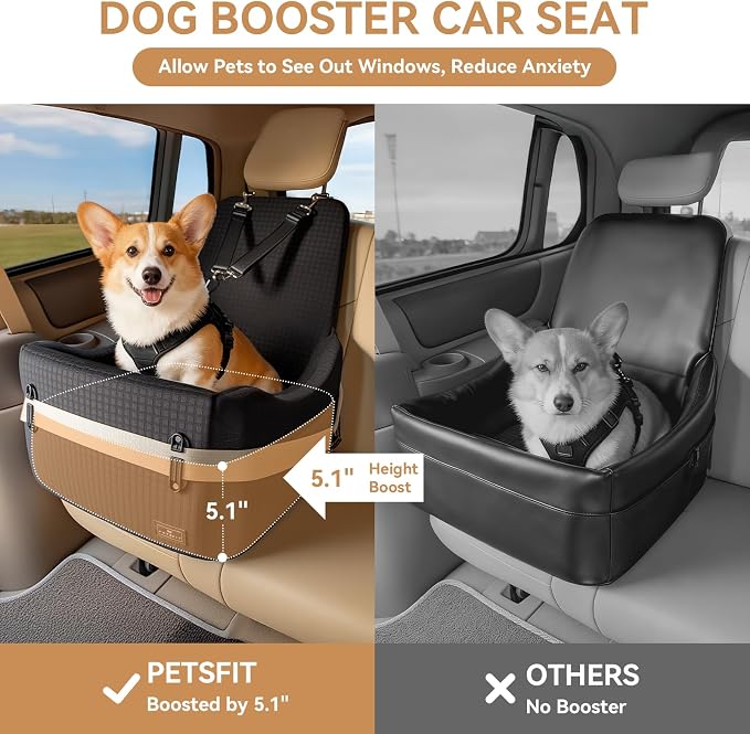 PETSFIT Dog Car Seat with Patented Safety System, 5" Elevated Cushion | Fully Detachable Washable Cover, Memory Foam Dog Booster Car Seat for Small/Medium Dogs Up to 35 Lbs with Safety Belt