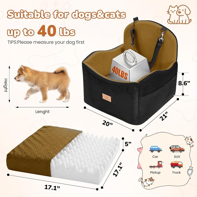 Dog Car Seat for Medium/Small Dogs, Dog Booster Car Seat, Pet Booster Seats Up to 40lbs with Waterproof Layer, 3 Storage Pockets and Safety Belt (Black/Brown)