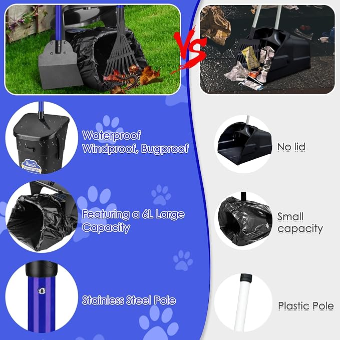 SlowTon Dog Pooper Scooper - 37.4" Long Metal Handle Adjustable Rake & Spade & Swivel Bin with 20 Waste Bags, Portable Pooper Scooper for Gravel Lawn Grass, Suit for Small Medium Large Dog