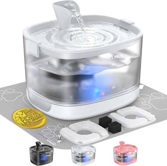 Veken Cat Water Fountain with Detachable Tank & Secure Clips, Easy to Clean & Assemble, 85oz/2.5L Pet Drinking Dispenser with Quiet Operation & LED Light, Cats, Dogs and Small Pets, White