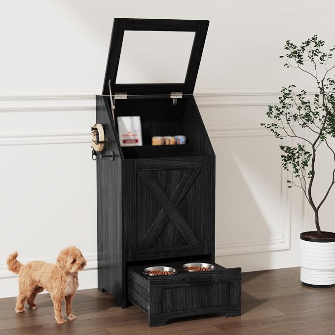 Black Dog Feeding Station with Storage & Bowls | Pet food cabinet, 2 elevated bowls, 3 hooks, glass flip cover, anti-tipping device, for dogs.