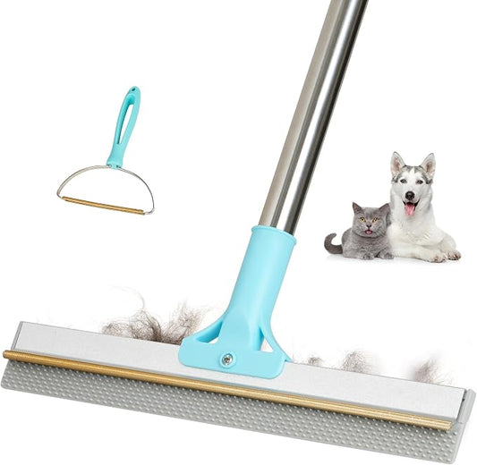 Carpet Rake for Pet Hair Removal Tool, 2 in 1 TPU and Copper Rake Teeth, Dual-Action Hair Remover with 54’’ Adjustable Long Handle, Reusable Cat & Dog Fur Broom for Carpets,Rugs, Mats,Car
