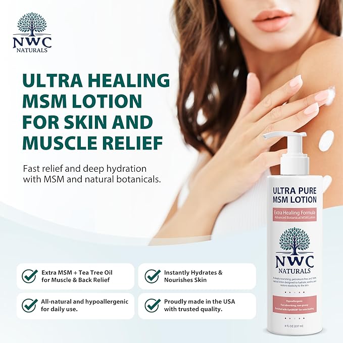 NWC Naturals UltraPure MSM Lotion All Natural Hypoallergenic ExtraHealing Nourishing Body Lotion by, 8 Fl Ounces