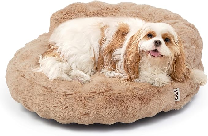 EHEYCIGA Soft Cat Couch Bed for Indoor Cats, Fluffy Small Dog Bed with Removable Washable Cover, Bolster Pet Sofa, Waterproof and Non-Slip, 23" x 23"x 7", Camel
