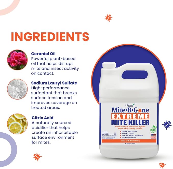 Mite-B-Gone Extreme Mite Killer Spray – 1 Gallon (128 oz) | Extra-Strength Plant-Based Formula | Safe for Homes, Pets & Livestock Areas | for Coops, Barns, Bedding & Carpets