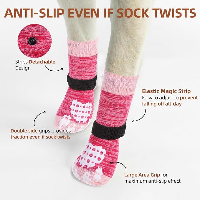 PUPTECK Anti-Slip Dog Socks with Double Sides Grips for Small Medium Large Dogs Hardwood Floors Prevents Licking, Dog Shoes for Hot Pavement Traction Control for Senior Dogs, Fuschia, XL
