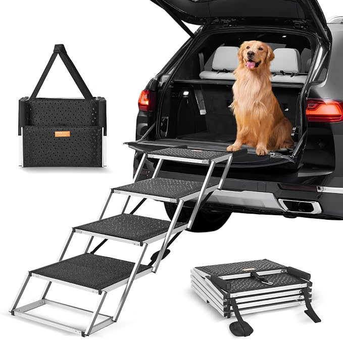 VEVOR Dog Stairs for Car Extra Wide 4-Step Large Dogs, Folding Dog Car Ramp with Nonslip Surface, Portable Pet Steps Lightweight Aluminum for Car, SUV and Truck, Supports up to 250 lbs