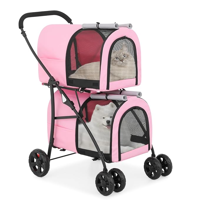 MoNiBloom Double Dog Stroller for Small and Medium Dog Cats, Pink/Gray | Pet Stroller with Detachable Carrier Bags Large 4 Wheels Foldable Jogger for Small and Medium Dog Cats