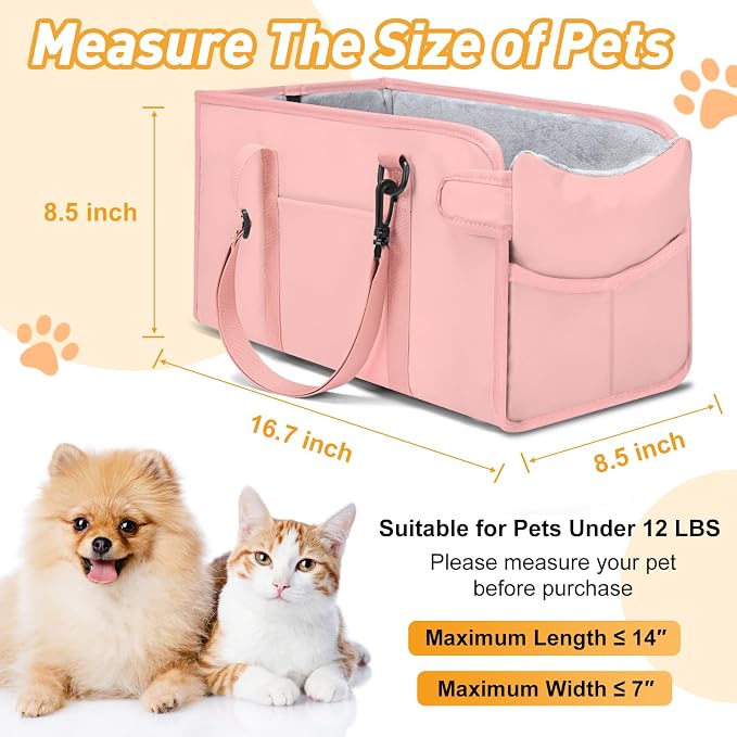 Portable Dog Car Seat for Small Dogs, Puppy Car Seat, Pink | Booster Seat With Safety Leash & Adjustable Straps Keeps Small Dogs Secure. Removable Washable Cushion. Fits Most Cars.