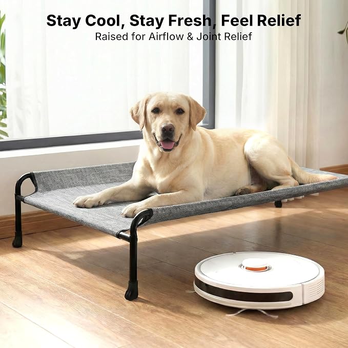 Veehoo Outdoor Dog Bed, Raised Dog Bed for Large Dogs, Elevated Dog Bed with Headrest, Washable Cooling Pet Cot, Breathable Dog Hammock for Camping & Indoor, Non-Skid, 41", Black Silver