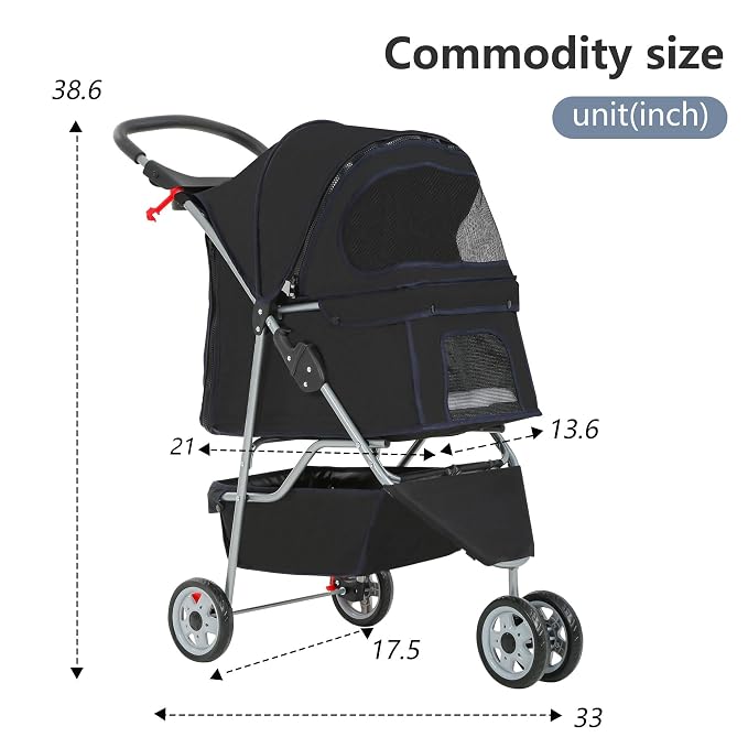 FDW Pet Stroller 3-Wheel Durable Foldable Cat Dog Stroller with Washable Liner Storage Basket Cup Holder,Black