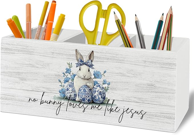 Easter Bunny Decor, Chinoiserie Christian Easter Bunny Pen Pencil Holder Organizer for Desk Accessories, Blue and White Floral Rabbit Wooden Box Sign Desk Decor for Home Office Decoration