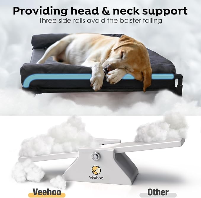 Veehoo Outdoor Elevated Dog Bed-Cooling Raised Dog Cot for Medium Sized Dog | Three-Sided Fence Raised Pet Cot with Mesh & No-Slip Feet Dog Hammock Bed with Removable Bolster-29" x 18" Black