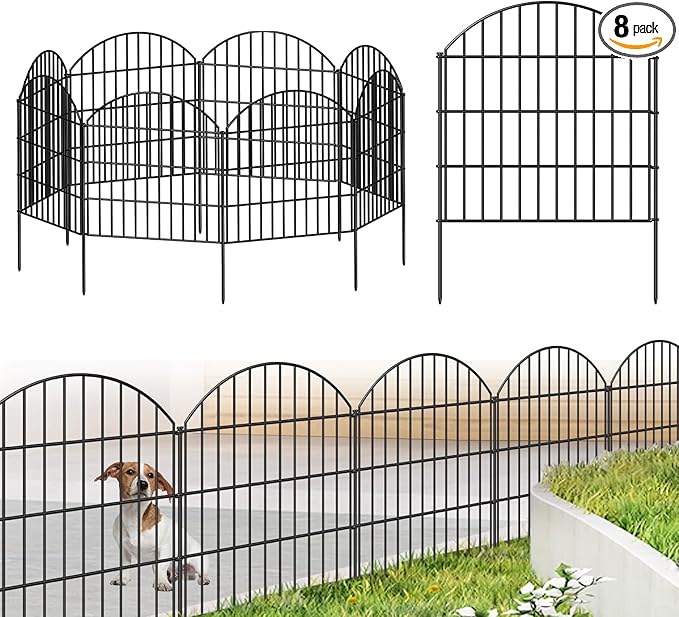 FOREHOGAR Metal Garden Fence 28in (H) x 18.7ft (L), 8 Panels + 9 Stakes Dog Fence Border Fence Animal Barrier, No Dig Garden Fencing for Yard Flower Bed Lawn Patio Outdoor, CTW2829 Black
