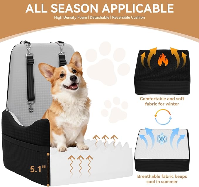 PETSFIT Dog Car Seat with Patented Safety System, 5" Elevated Cushion | Fully Detachable Washable Cover, Memory Foam Dog Booster Seat for Small/Medium Dogs Up to 35 Lbs, Front/Back Seat Travel