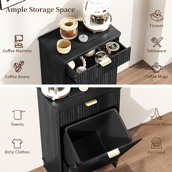 Dog Feeding Station,Dog Food Storage Cabinet,Pet Feeding Station with 2 Elevated Bowls,Hidden Pet Feeder Station with Hooks (Tilt-Out Dog Feeding Station-Black)