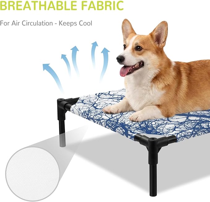Outdoor Elevated Dog Bed for Medium Dogs, Modern Tree Branches Breathable Cooling Raised Dog Cot for Indoor/Outdoor, Contemporary Sky Blue Botanical Waterproof Elevated Pet Beds, M 24 x 20 in