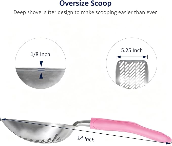 Cat Litter Scoop, Aluminum Alloy Sifter, Kitty Metal Scooper, Deep Shovel with Diagonal Sifting Hole, Long Handle, Kitten Poop Lifter for Litter Box, Large Size, Pink Handle