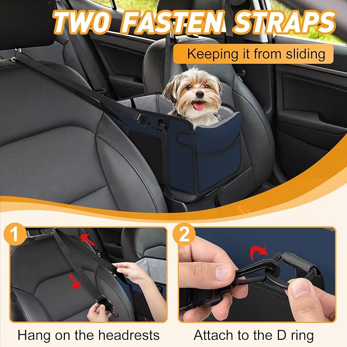 Portable Dog Car Seat for Small Dogs, Puppy Car Seat, Navy Blue | Booster Seat With Safety Leash & Adjustable Straps Keeps Small Dogs Secure. Removable Washable Cushion. Fits Most Cars.