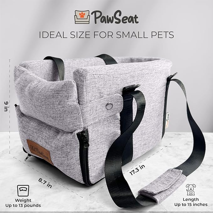 Center Console Dog Car Seat for Small Dogs and Puppies 5-13Lbs, Ideal Armrest Booster Car Travel Seat with Safety Protection Seat Belts, Storage Pockets - Reduces Anxiety (Woven - Grey)
