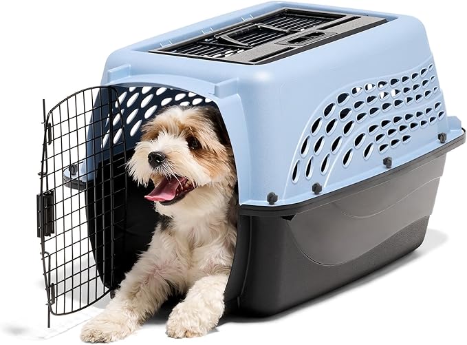 Petmate Dog Crates for Small Dogs & Cat Carriers, Two-Door Plastic Pet Kennel, Top & Front Loading, Made in USA, 24", Blue | Plastic pet kennel made in USA, for small pups and kittens, dual entry design, great for travel and vet trips, easy access