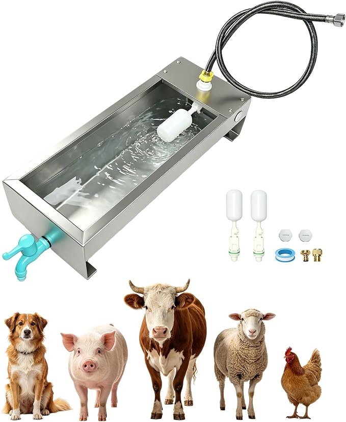 Automatic Livestock Waterer Drinking Trough Large Dog Water Bowl Dispenser 3 Gallon Stainless Steel with Float Valve for Cattle Chicken Goat Horse Pigs Poultry Outdoor Animals