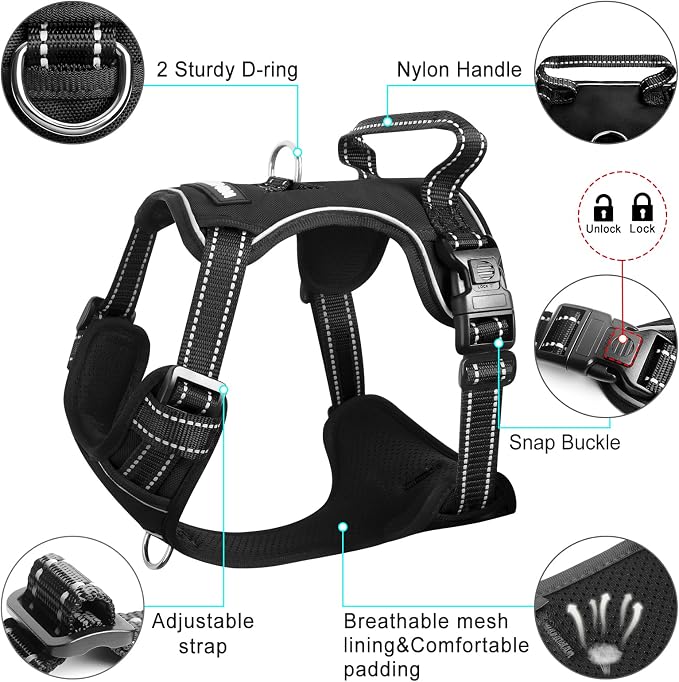 Dog Harness No Pull, Pet Harnesses with Dog Collar, Adjustable Reflective Oxford Outdoor Vest, Front/Back Leash Clips for Small, Medium, Large, Extra Large Dogs, Easy Control Handle for Walking