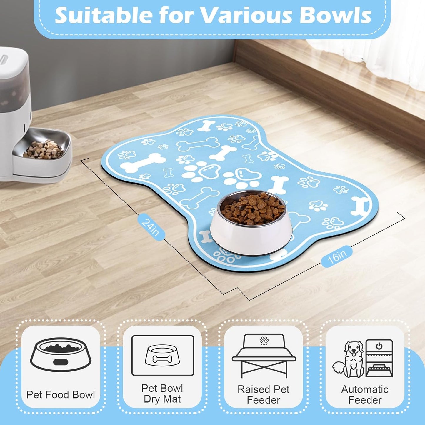 Dog Cat Mat for Food and Water,Rapid Absorbent Pet Feeding Mat, Bone Shaped Dog Placemat Bowl Mat with Rubber Backing,No Stains Pet Food Mats Indoor, Pet Accessories Supplies,Blue 16"×24"