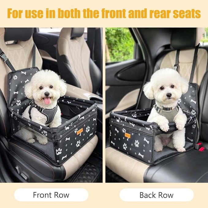 Pet Dog Booster Seat, Upgrading the Framed wall to Prevent Collapse，Breathable and Foldable Pet Car Basket，Removable andWashable pet car seat (Black Footprints)