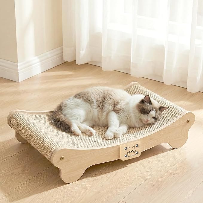 NOCOEX Sisal Cat Scratcher Bed: Wood Scratch Board Hammock for Indoor Cats | Natural Solid Wood Curved Frame Lounger Sleep Scratching Pad Post Large Cats 45 lbs, Easy Assembly Modern Furniture Protector