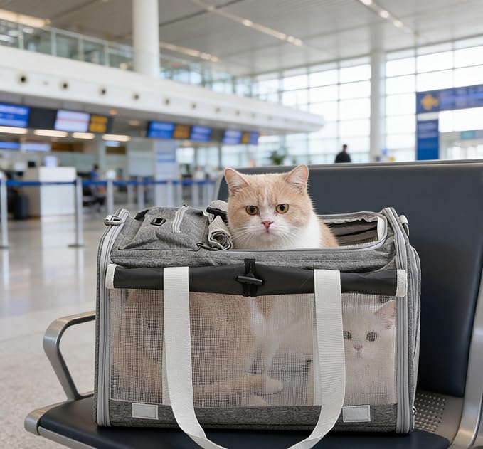 Pet Carrier Bag for Cats & Small Dogs, Airline Approved Travel Cat Carrier with Mesh Windows, Shoulder Strap & Removable Mat, Foldable Design for Home & Outdoor Trips