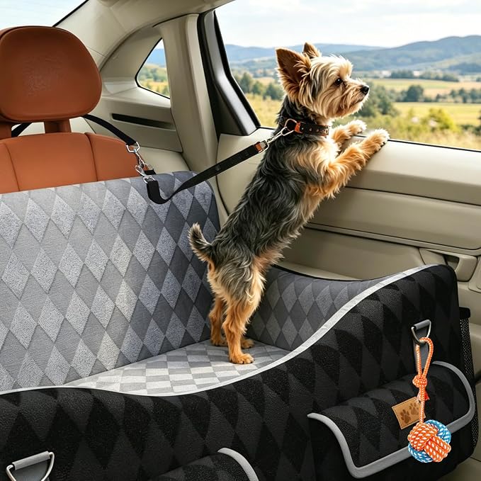Dog Car Seat for Medium/Large Dogs up to 55lbs, 4-Pocket Storage Memory Foam Dog Booster Seat, Detachable Washable Pet Car Seat with Safety Belt, Outdoor & Indoor Use (Blue/Grey)