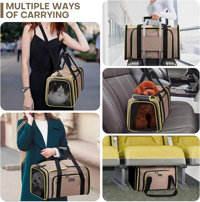 Pet Carrier, Large Soft Sided Expandable Travel Carrier with Steel Frame, Anti-Scratch Mesh, Removable Fleece Pad and Pockets for Cats, Dogs and Small Animals up to 15 lbs (Brown, 4 Sides Expandable)