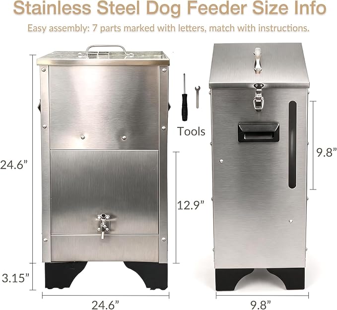 Automatic Dog Feeder Large Breed Outdoor Kennel,Elevated Dog Food Dispenser | 25lbs Gravity Dog Food Station, Stainless Steel, Elevated 3.1" Design, Viewing Window & Dual Lock Secure Prevent Overeating
