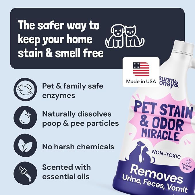 Sunny & Honey Pet Stain and Odor Remover for Carpets, 1 Gallon Lavender | USA Made - Enzyme Cleaner for Dog Urine & Poop - Eliminates Set In Stains - Color Safe - For Rugs, Furniture & Car Seats