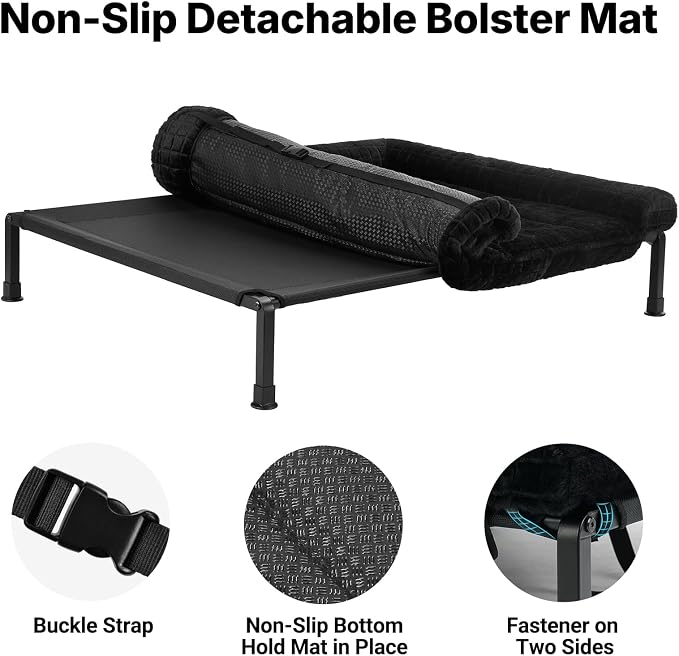 Veehoo Elevated Dog Bed with Fluffy Plush Bolster Cushion, Dog Couch Bed | Cooling Raised Dog Bed for Large Dogs, Washable Orthopedic Pet Cot with Removable Mat, Breathable Mesh, Non-Slip, 42", Black