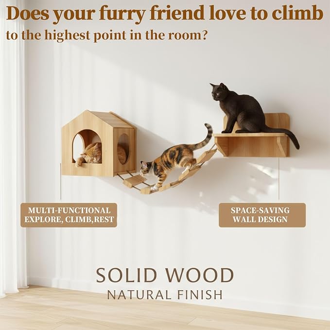 Unfinished Solid Pine Cat Wall Set - Natural Wood Cat House, Bridge & Perch Shelf | 3-Piece Wall-Mounted Climbing & Lounging Furniture for Indoor Cats