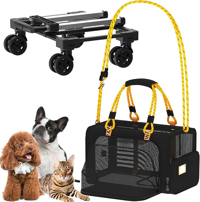 PAWZIDEA Expandable Pet Carrier with Wheels, 18"x11"x11" TSA Airline Approved Cat Carrier for 2 Cats Under Seat, Collapsible Soft-Sided Small Dog Rolling Travel Bag with Telescopic Handle, Up to 18lbs