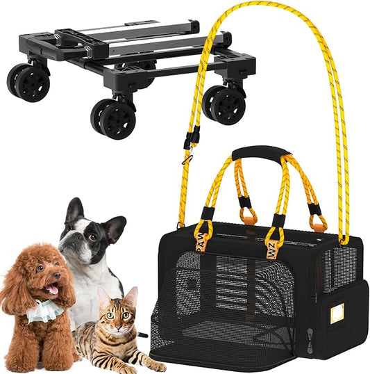 PAWZIDEA Expandable Pet Carrier with Wheels, 18"x11"x11" TSA Airline Approved Cat Carrier for 2 Cats Under Seat, Collapsible Soft-Sided Small Dog Rolling Travel Bag with Telescopic Handle, Up to 18lbs