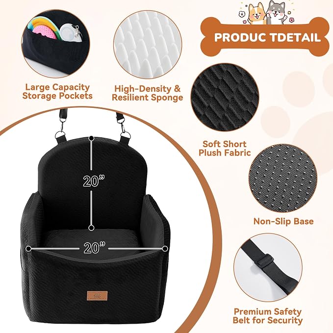 Dog Car Seat for Medium/Small Dogs, Dog Booster Car Seat, Pet Booster Seats Up to 40lbs with Waterproof Layer, 3 Storage Pockets and Safety Belt (Black)