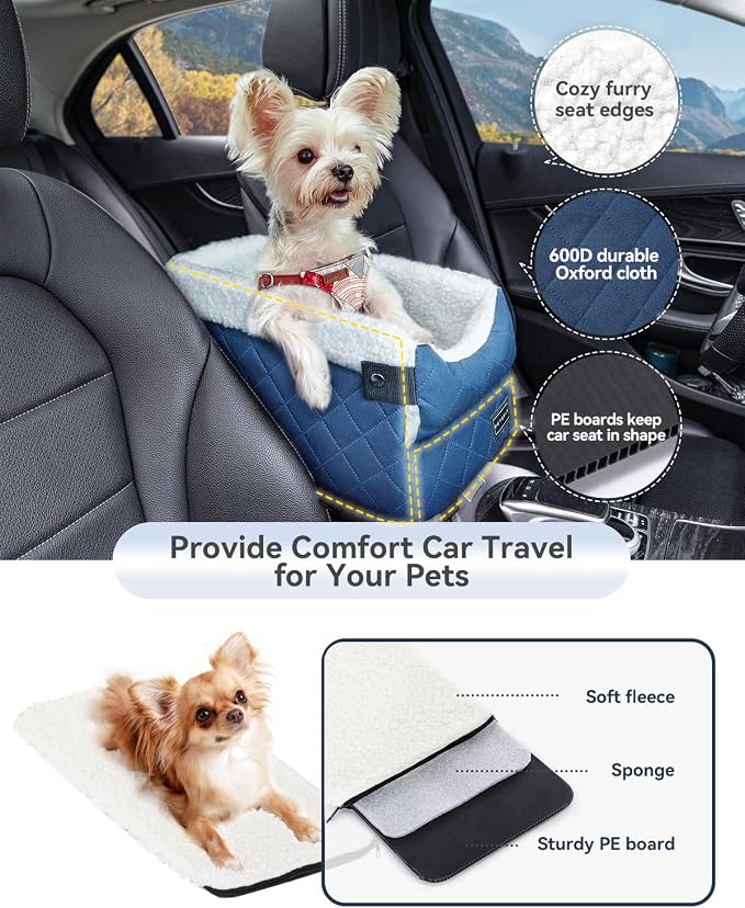 PETSFIT Puppy Car Seat with Washable Cushion, Soft Pillow, Safety Leash | Dual Seat-rail Hooks with Adjustable Straps Help Reduce Shifting, Dog Console Car Seats for Small Dogs Under 8 lbs,Blue