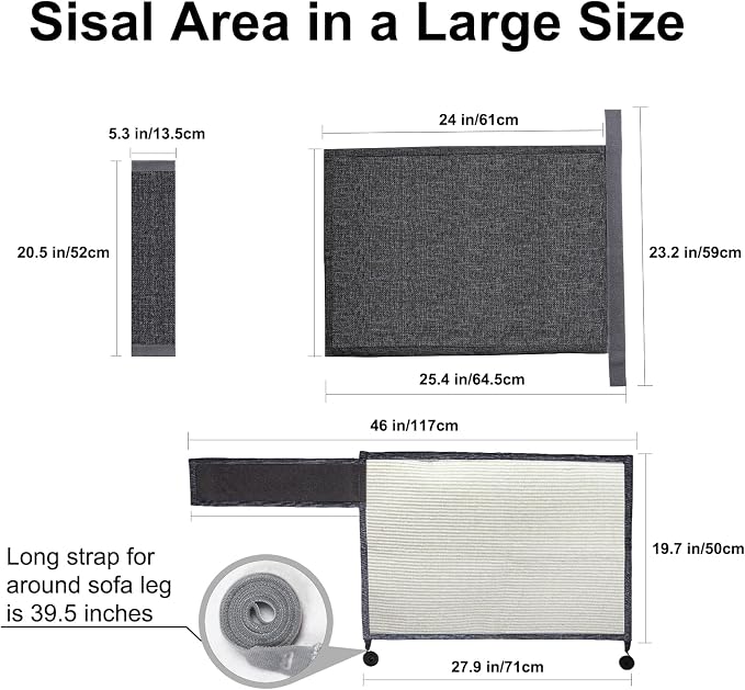 Upgraded Cat Scratch Furniture Couch Protector with 27.6’‘L*19.6’‘W Natural Sisal for Protecting Large Area Couch Sofa Chair,Couch Protector from Cat Claws(Dark Grey/Left Handed)