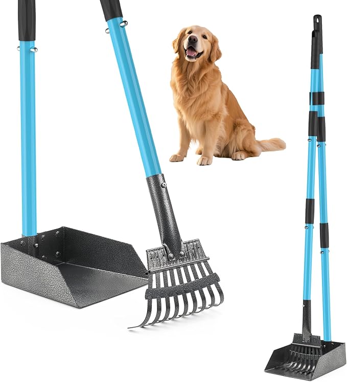 Dog Pooper Scooper, Pooper Scooper for Large Dogs Long Handle | Stainless Metal Tray and Rake, Poop Scoop Suitable for Large Dogs, Small Dogs, Suitable for Use on Grass, Dirt, Gravel (Blue)