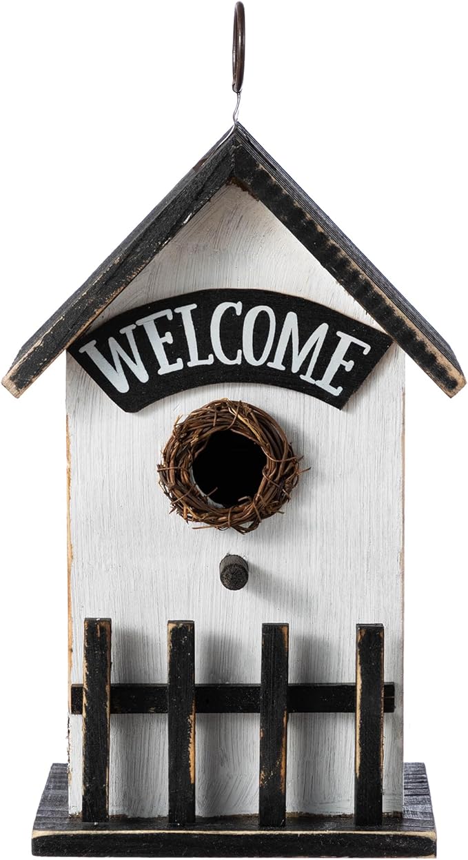 Glitzhome Bird Houses for Outside, Birdhouses for Outdoors, 11" H Washed White Solid Wood Bird Houses Fence Garden Hanging Birdhouses for Bluebird Swallow Sparrow Hummingbird Finch Cardinals