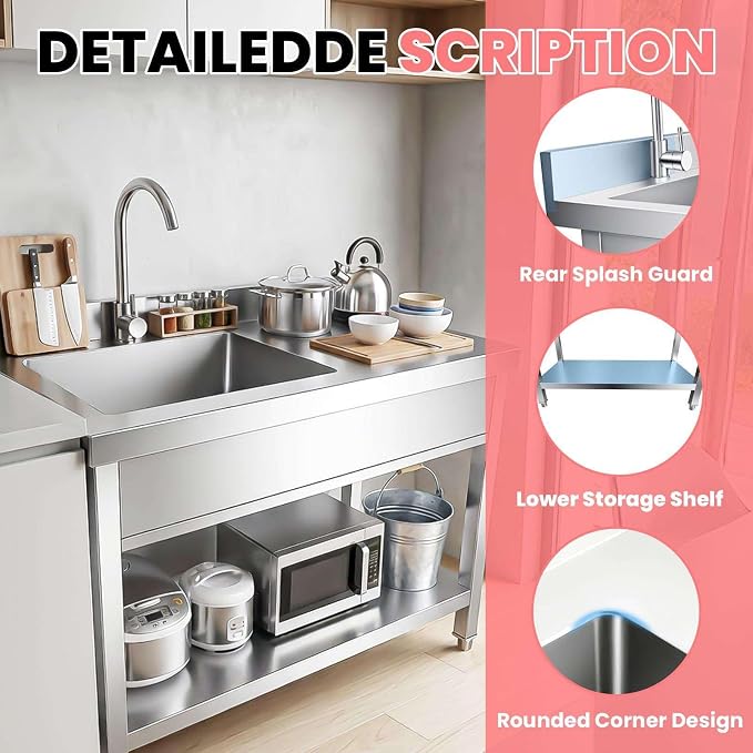 304 Utility Sink, Stainless Work Prep Table, Slop Tub for Garden, Chef