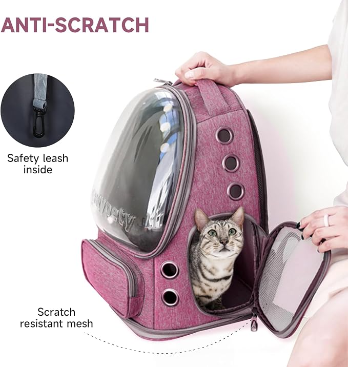 Cawypety Cat Backpack Carrier, Breathable Cat Carrier Large Space Bubble Pet Backpack for Kitty Small Dog up to 12lbs, Transparent & Foldable Pet Carrier for Travel Hiking（Pink）