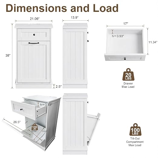 13 Gallon Tilt Out Trash Can Cabinet with Drawer, Hidden Trash Bin Storage | Cabinet with Drawers for Kitchen, Bathroom and Laundry Room