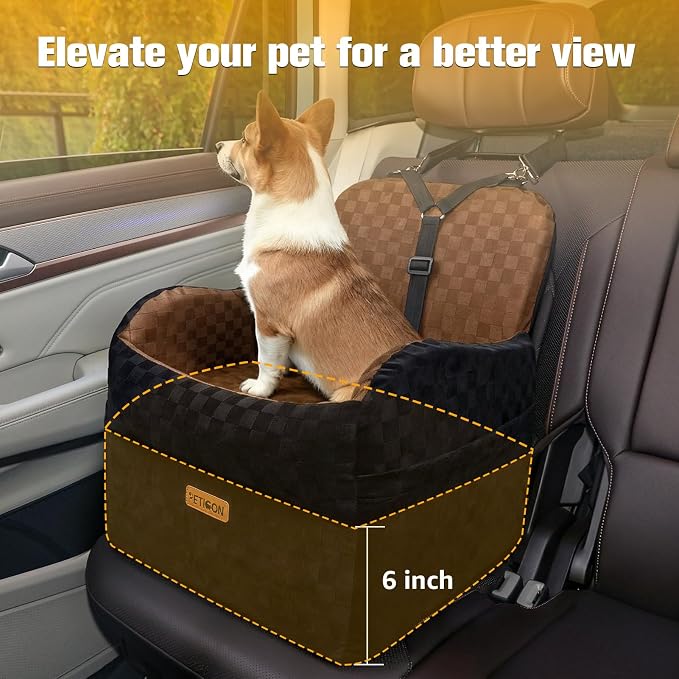 PETICON Waterproof Dog Car Seat for Small Medium Dogs, 6in Memory Foam | Pet Booster Seat for Dogs up to 26 lbs with Pockets, Detachable Washable Pet Carseat with Y-Shape Safety Belt