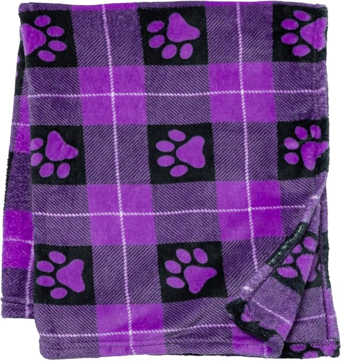Pet Dog Cat Blanket Ultra Soft Cozy Fleece Paw Print Design Machine Washable Durable for Crates Beds Sofas Travel (Paw Buffalo Check - Purple, Large)