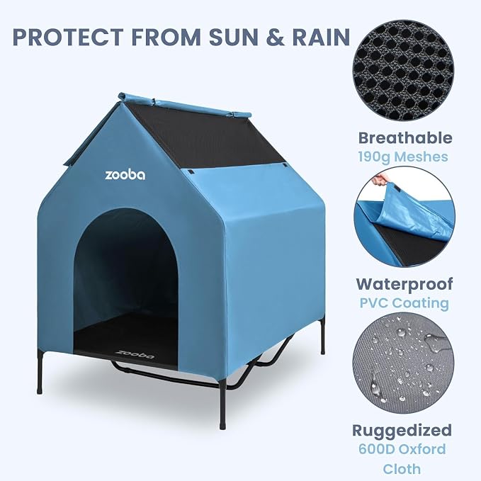 Zooba 48in XL Dog House Outdoor, Elevated Dog Bed with Canopy, Blue | Weather-resistant 600D PVC canopy, breathable 2x1 Textilene elevated bed, steel frame; indoor or outdoor; easy to clean